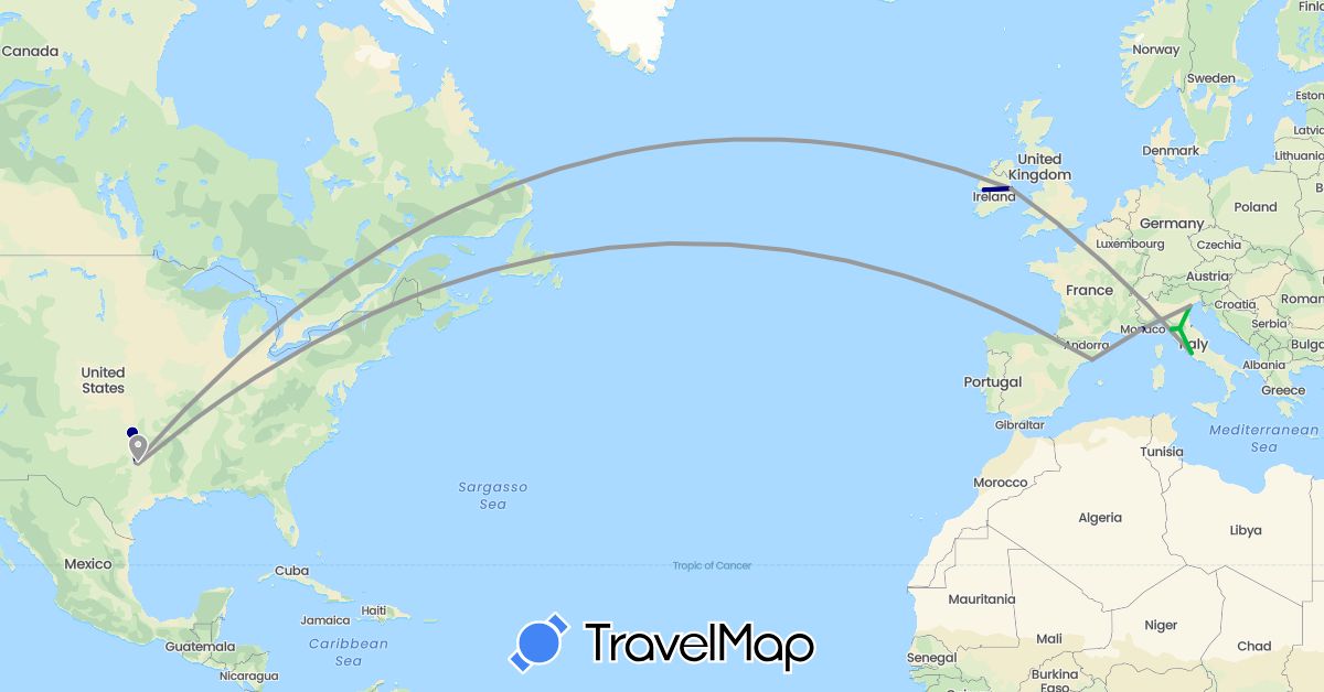 TravelMap itinerary: driving, bus, plane in Spain, France, Ireland, Italy, Monaco, United States (Europe, North America)